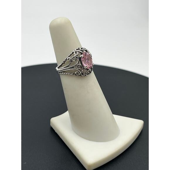 Sterling Silver Vintage Filigree Simulated Pink Sapphire Solitaire Ring 5.25 - Picture 3 of 14